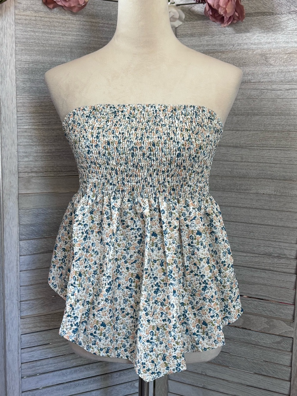 Cornflower Blue+Earthy Tones Ditsy Floral Smocked TubeTop Asymmetrical Hem SZ 2X